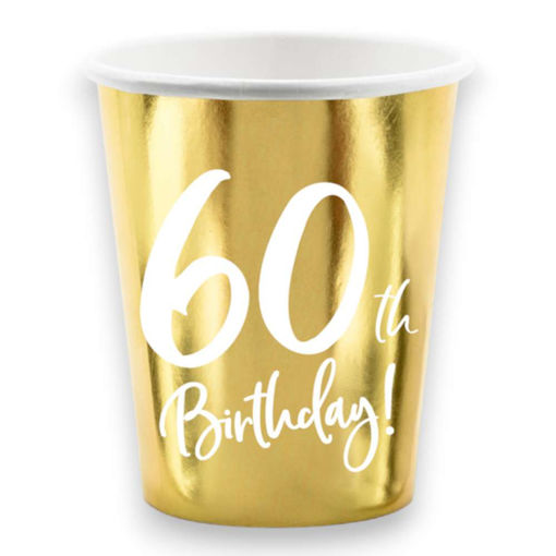 Picture of 60TH BIRTHDAY GOLD PAPER CUPS 220ML - 6 PACK